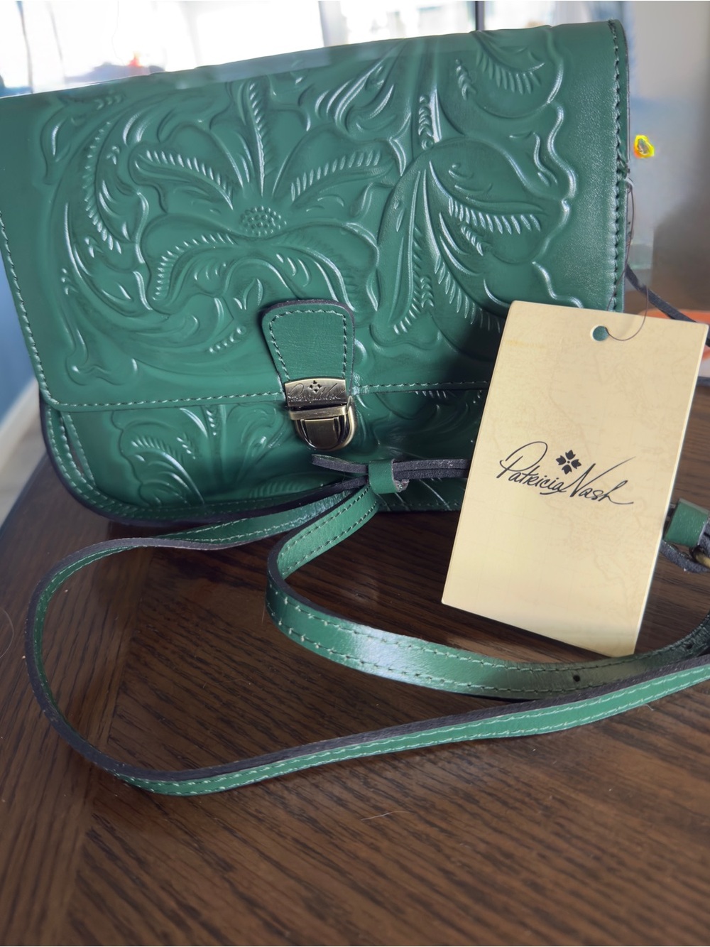 Patricia Nash Green Tooled Leather Crossbody Bag